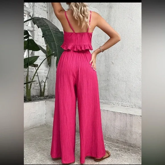 47) 2 piece Pink Women's Jumpsuit NEW size XL pink wide leg women’s boho chic - Picture 4 of 10
